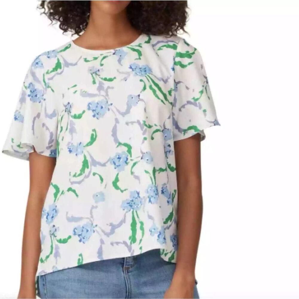 Prabal Gurung Blouse Womens Size 4 Small Brushstroke Floral Top in Ivory Blue